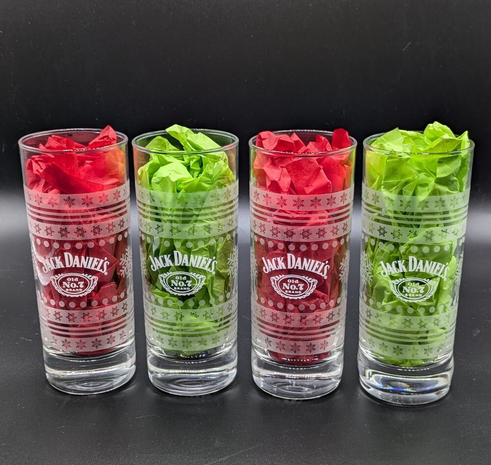 Jack Daniels Highball Glasses Set of 4 Snowflake Sweater Etched 10oz 6" Holiday